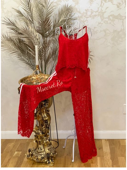 Compleu rosu din datela cu pantalon lung