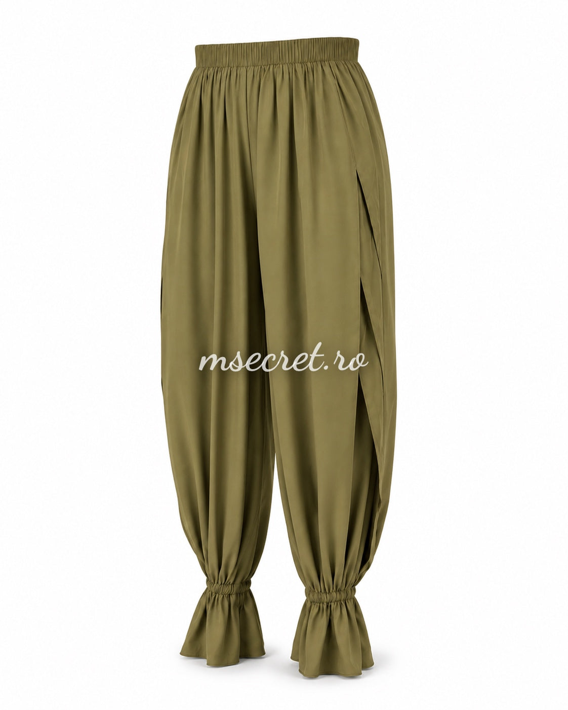 Loose mint trousers with elasticated waist and ruffled hems