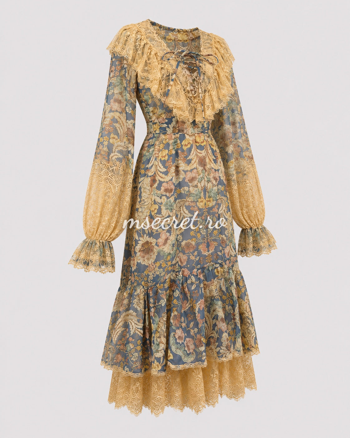 Elegant linen dress with floral print and premium lace inserts