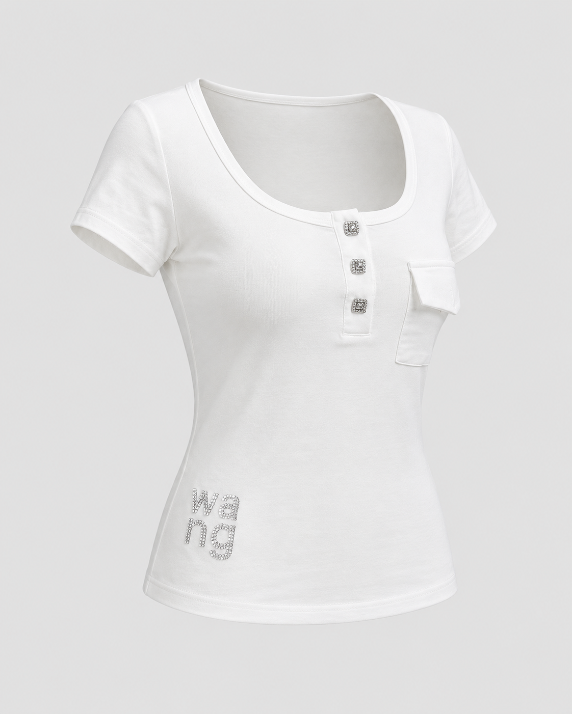 Tricou alb din bumbac cu nasturi bijuterie si detalii strass