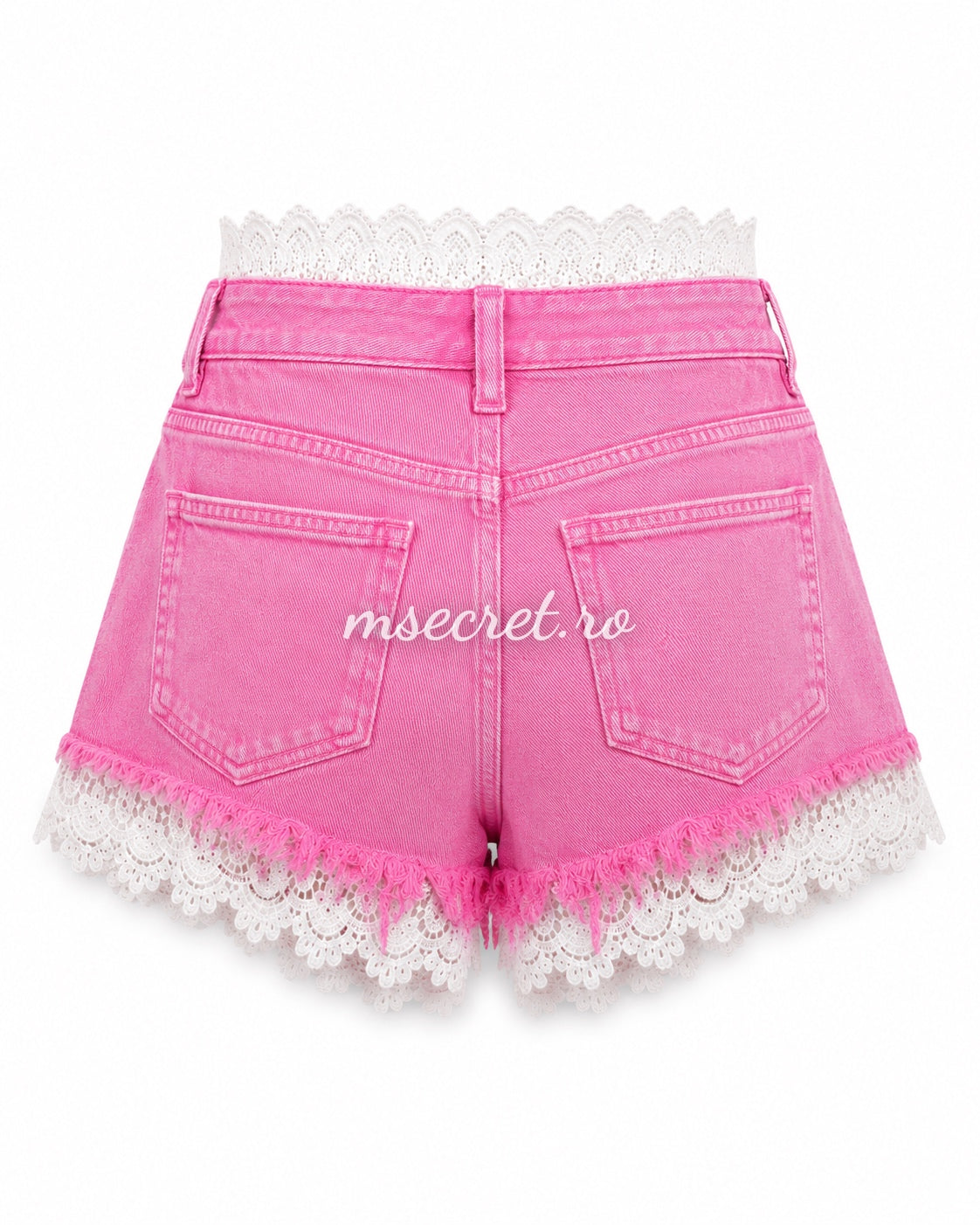 Pink denim shorts with white lace
