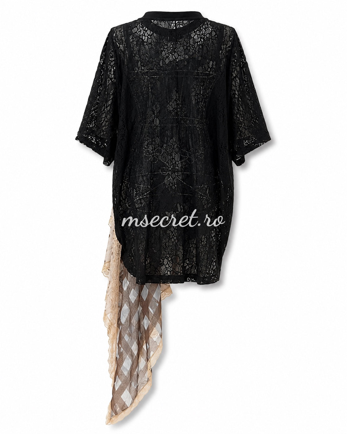Rochie tunica neagra din dantela, cu aplicatie asimetrica din voal imprimat