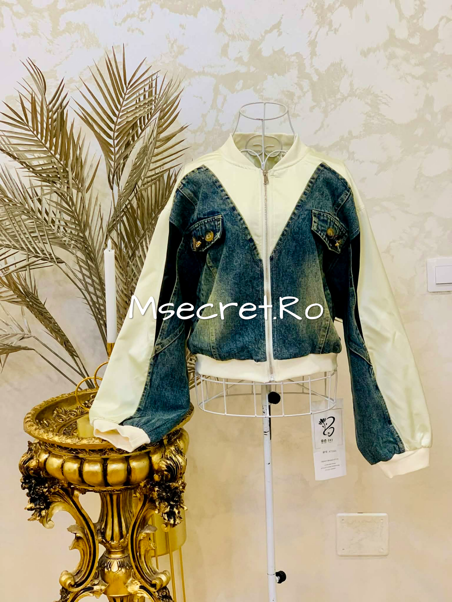 Geaca denim cu insertii crem