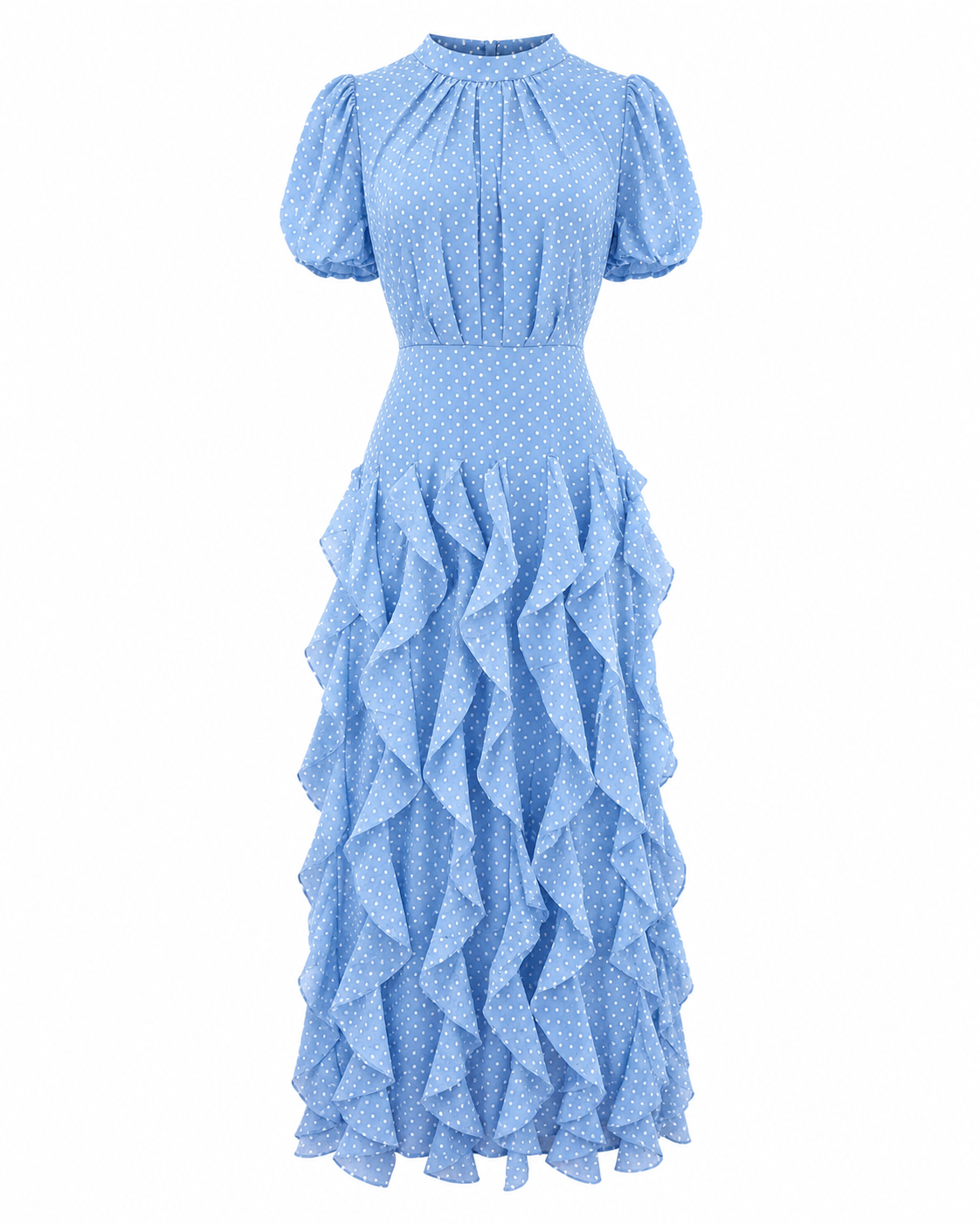 Rochie midi bleu din voal cu buline si volane delicate