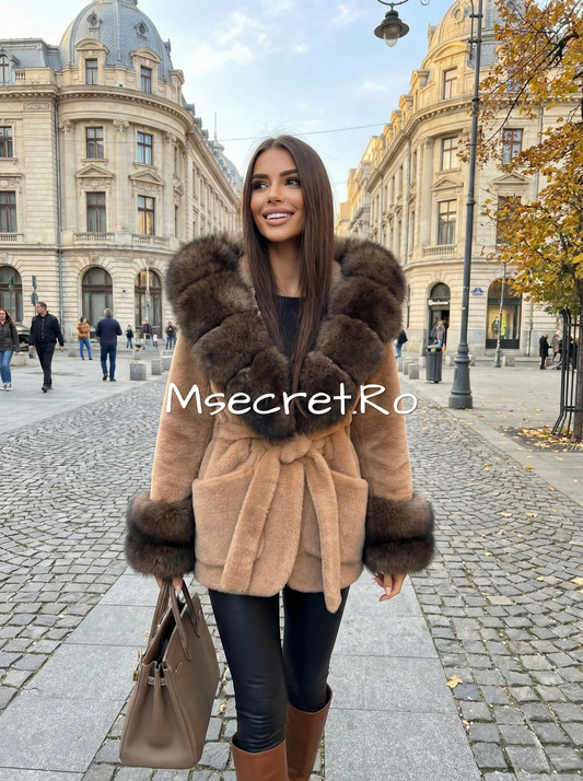 Alcantara fur coat with natural fox collar and cuffs