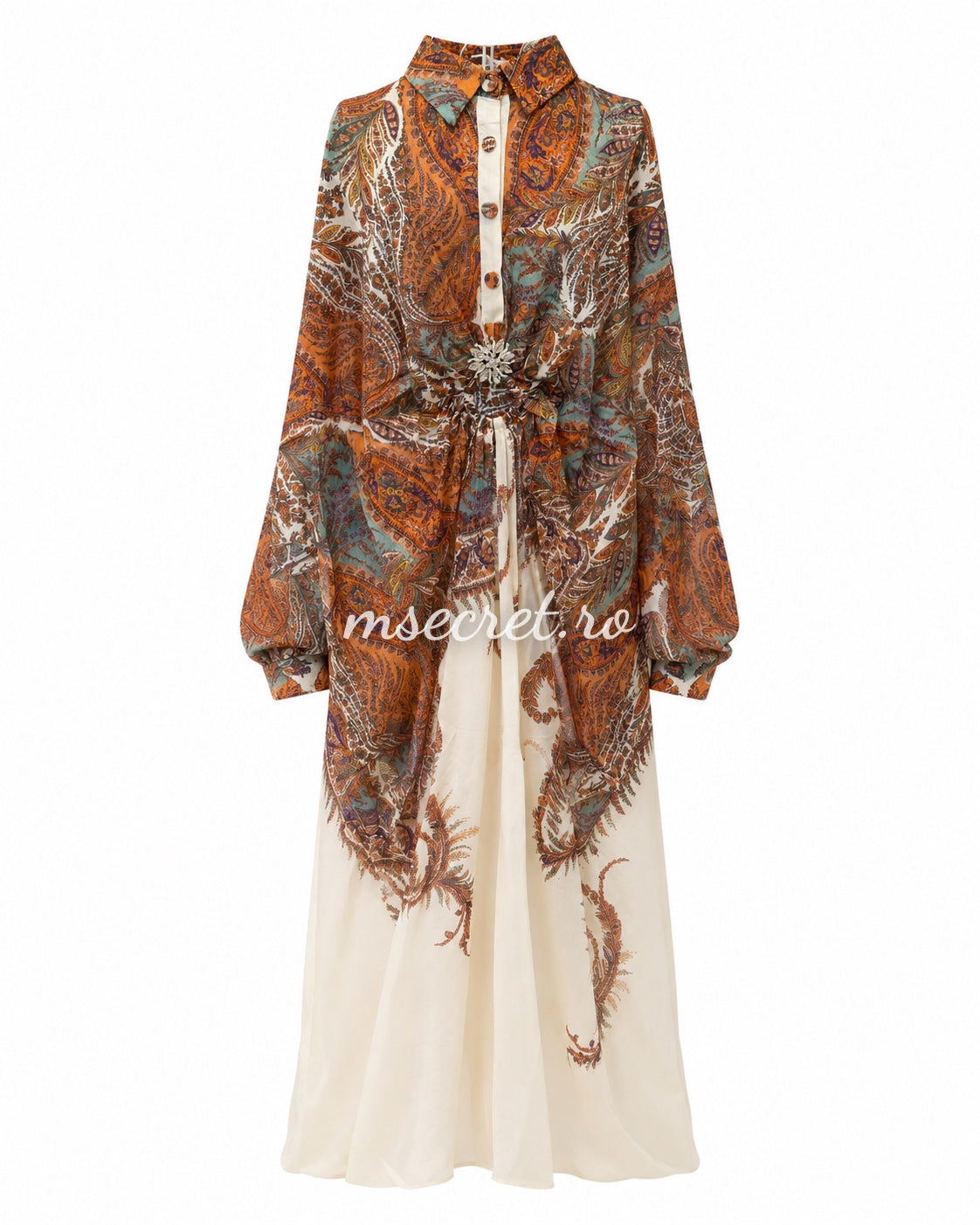 Rochie vaporoasa cu imprimeu paisley si croi tip kaftan