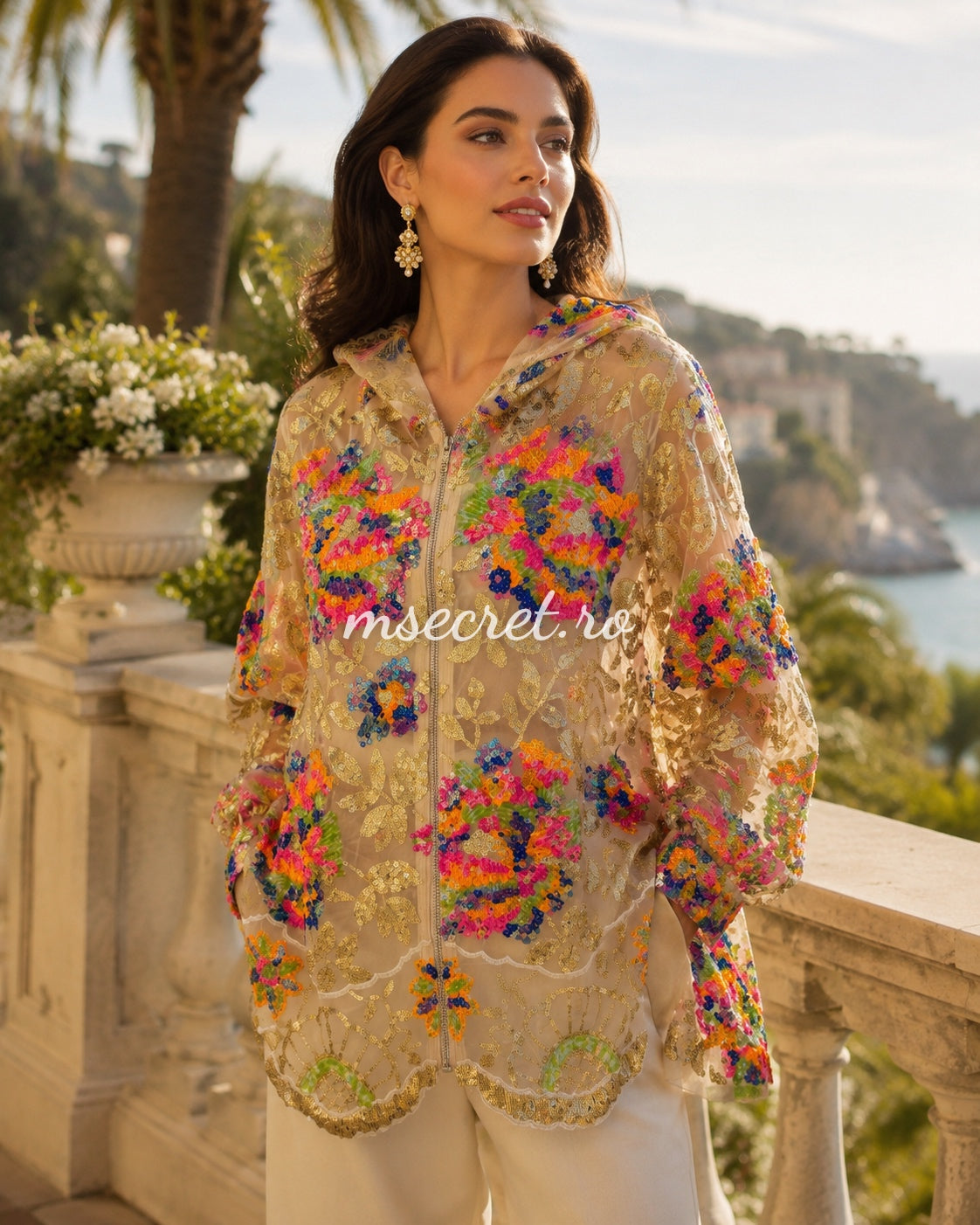 Beige lace jacket with multicolored sequins