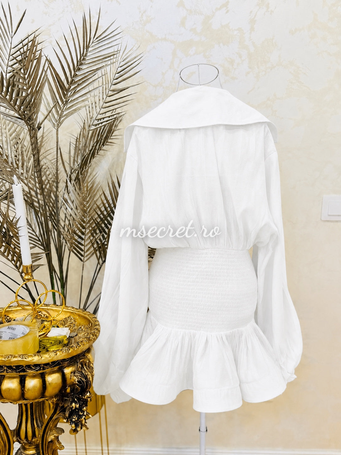 White satin voile dress with a skirt and blazer-style top