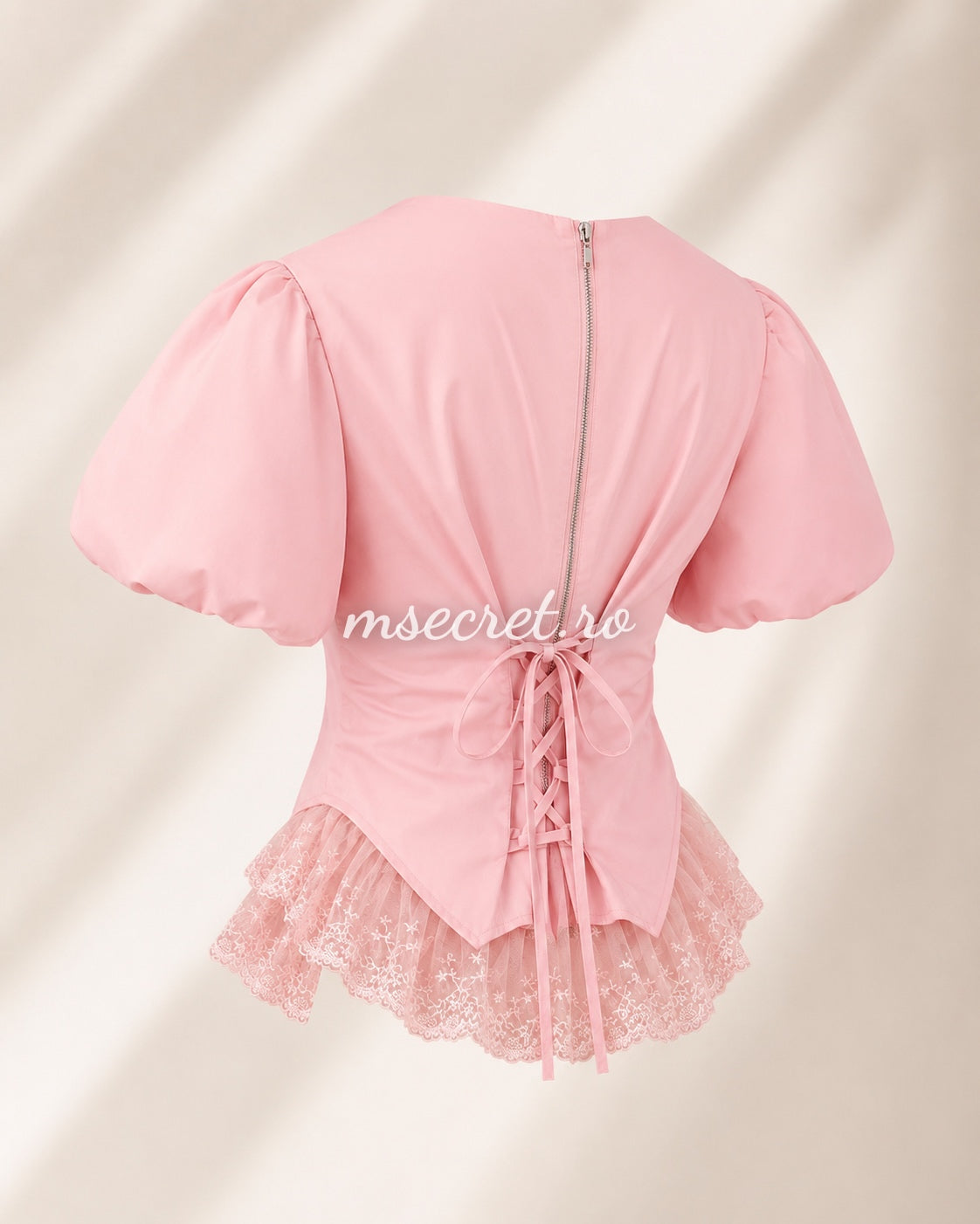 Pink shirt with puffed sleeves and embroidered tulle detail