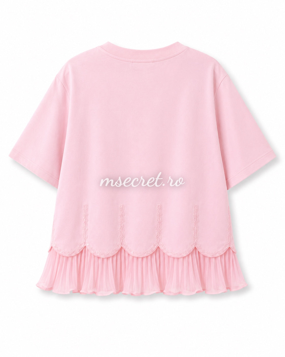 Tricou roz din bumbac cu volan plisat