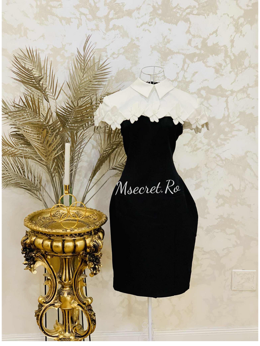 Rochie neagra creion cu guler alb și capelet detașabil cu funde