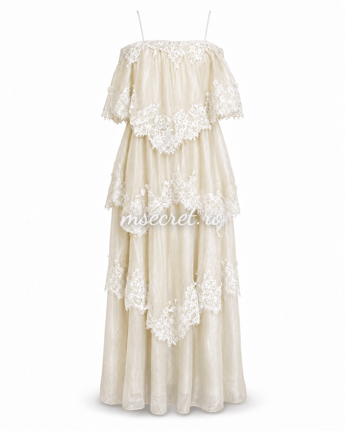 Long beige dress with ruffles and romantic lace