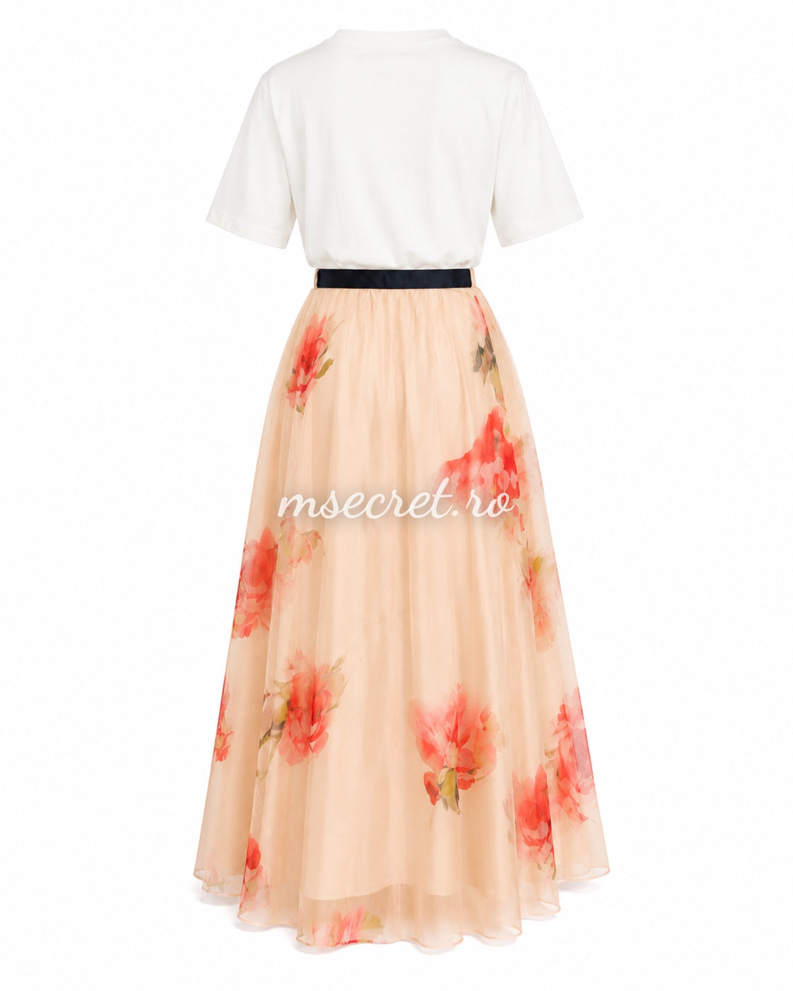 Compleu cu fusta din tul floral si tricou cu imprimeu