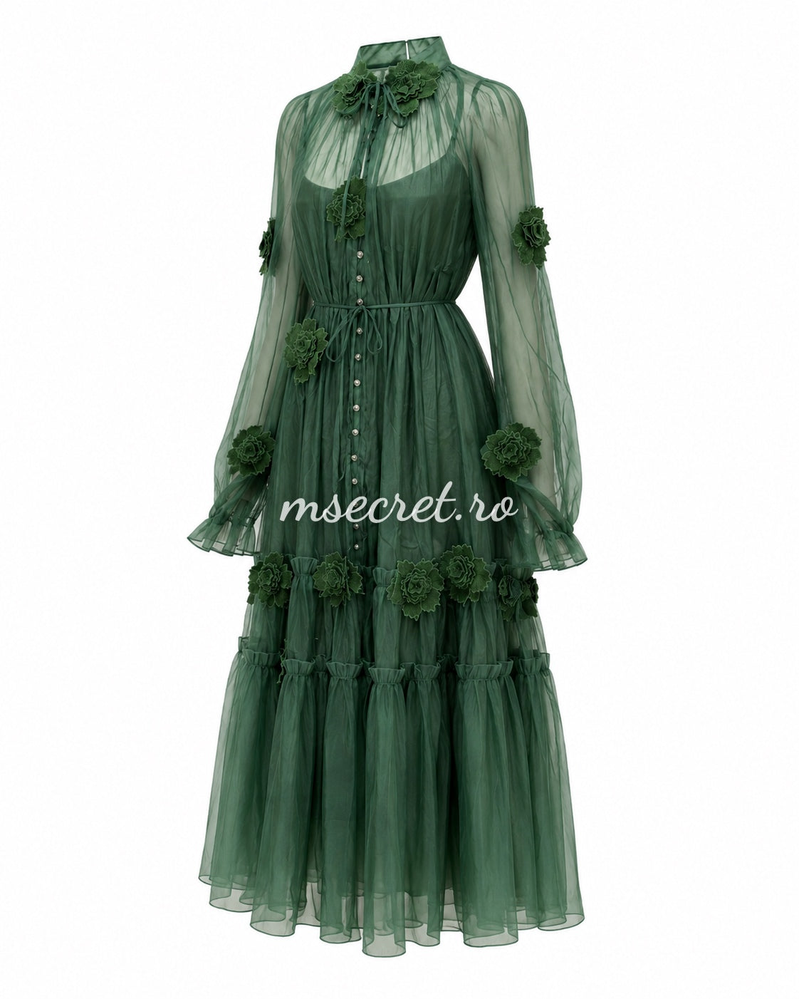 Green voile dress with 3D floral appliqués