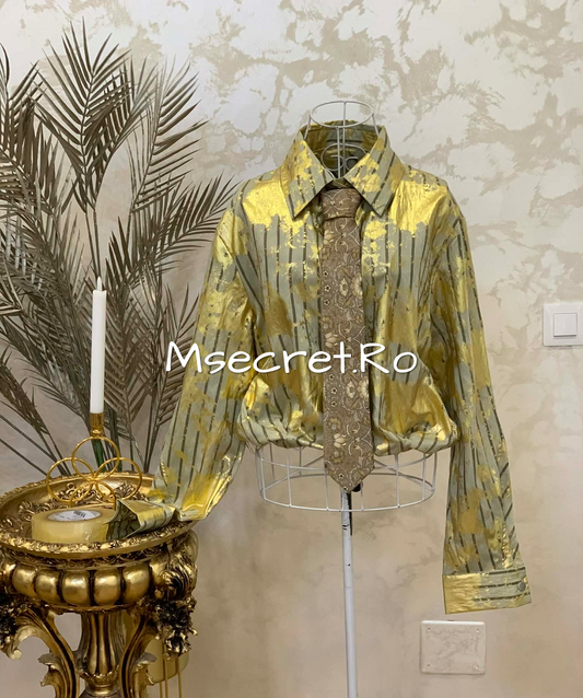 Camasa cu cravata, imprimeu auriu