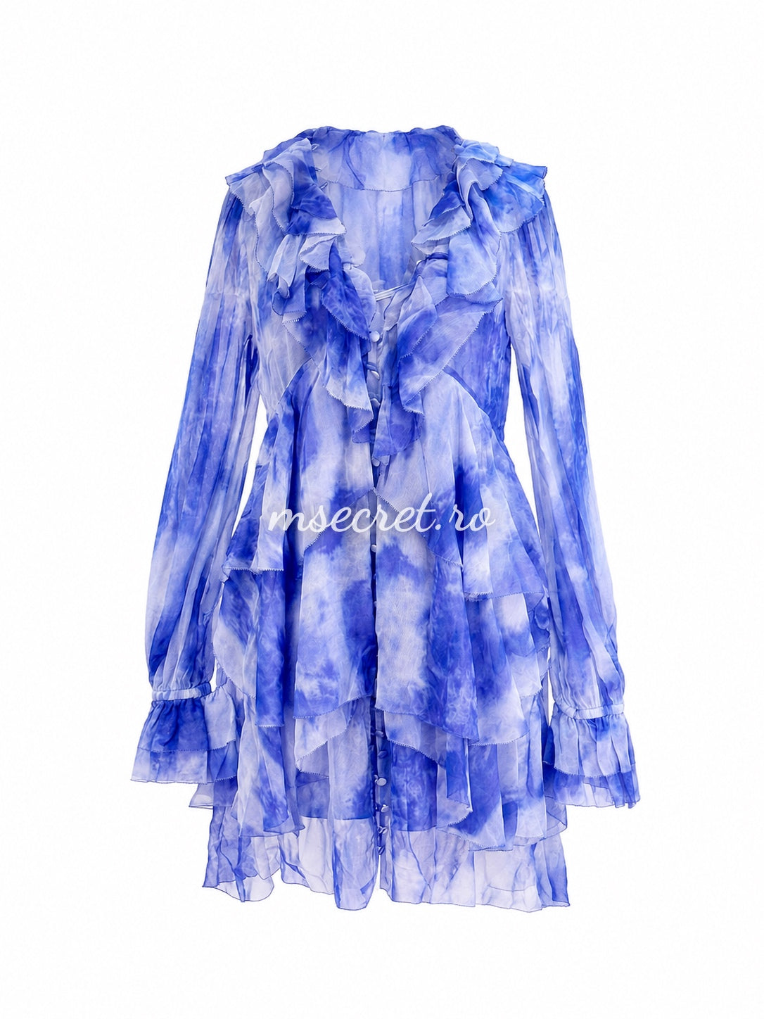 Rochie scurta din matase albastra cu volane