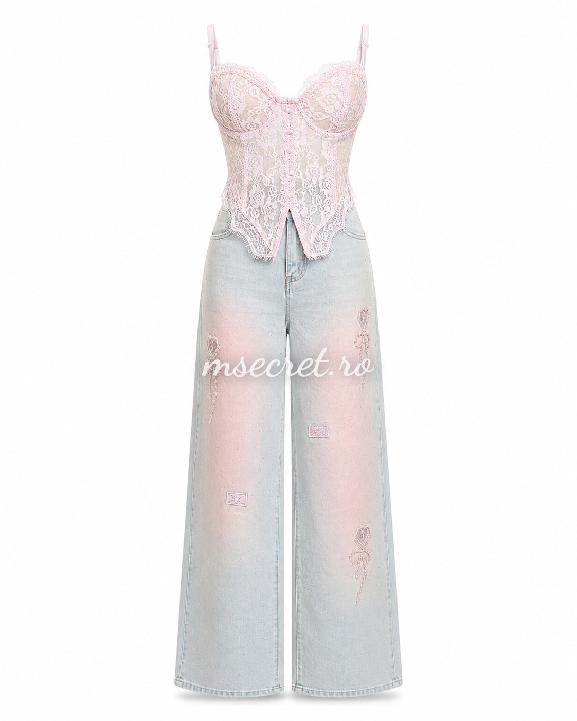 Blugi wide leg cu strasuri si insertii roz decorative