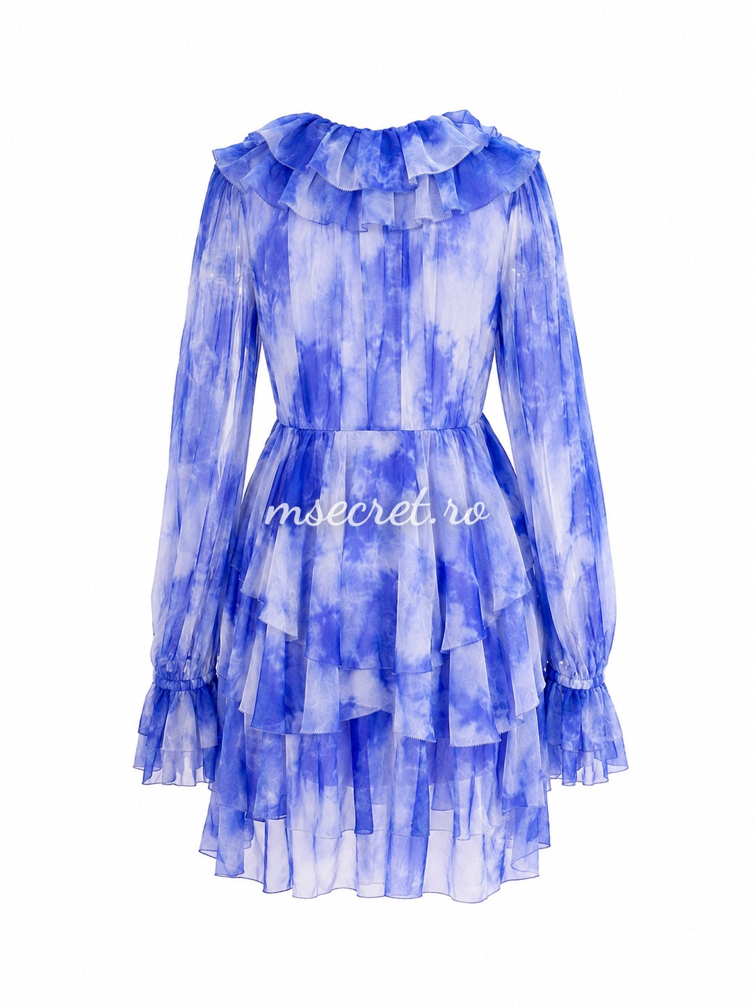 Rochie scurta din matase albastra cu volane