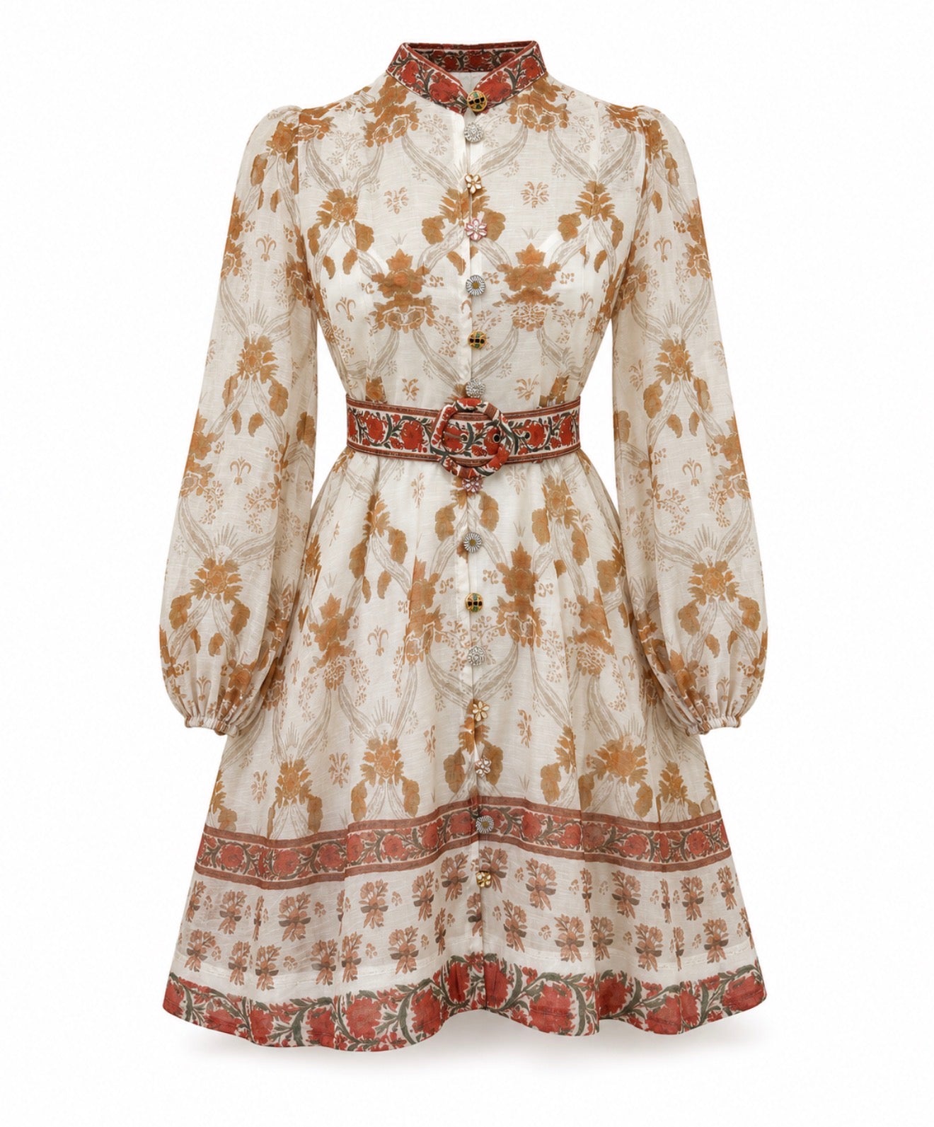 Short linen dress with artistic print and jewel buttons