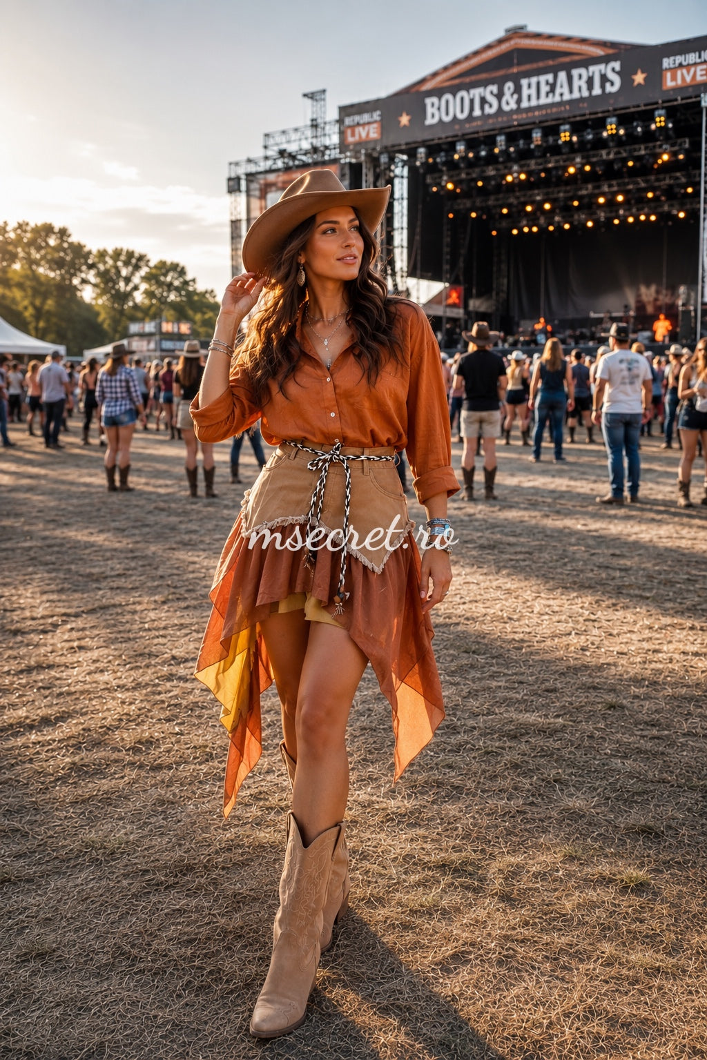 Compleu din in cu camasa si fusta asimetrica stil western