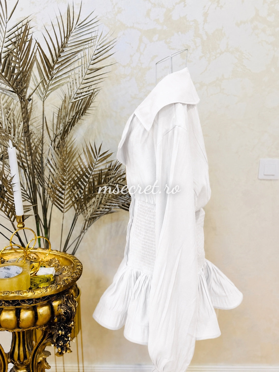 White satin voile dress with a skirt and blazer-style top