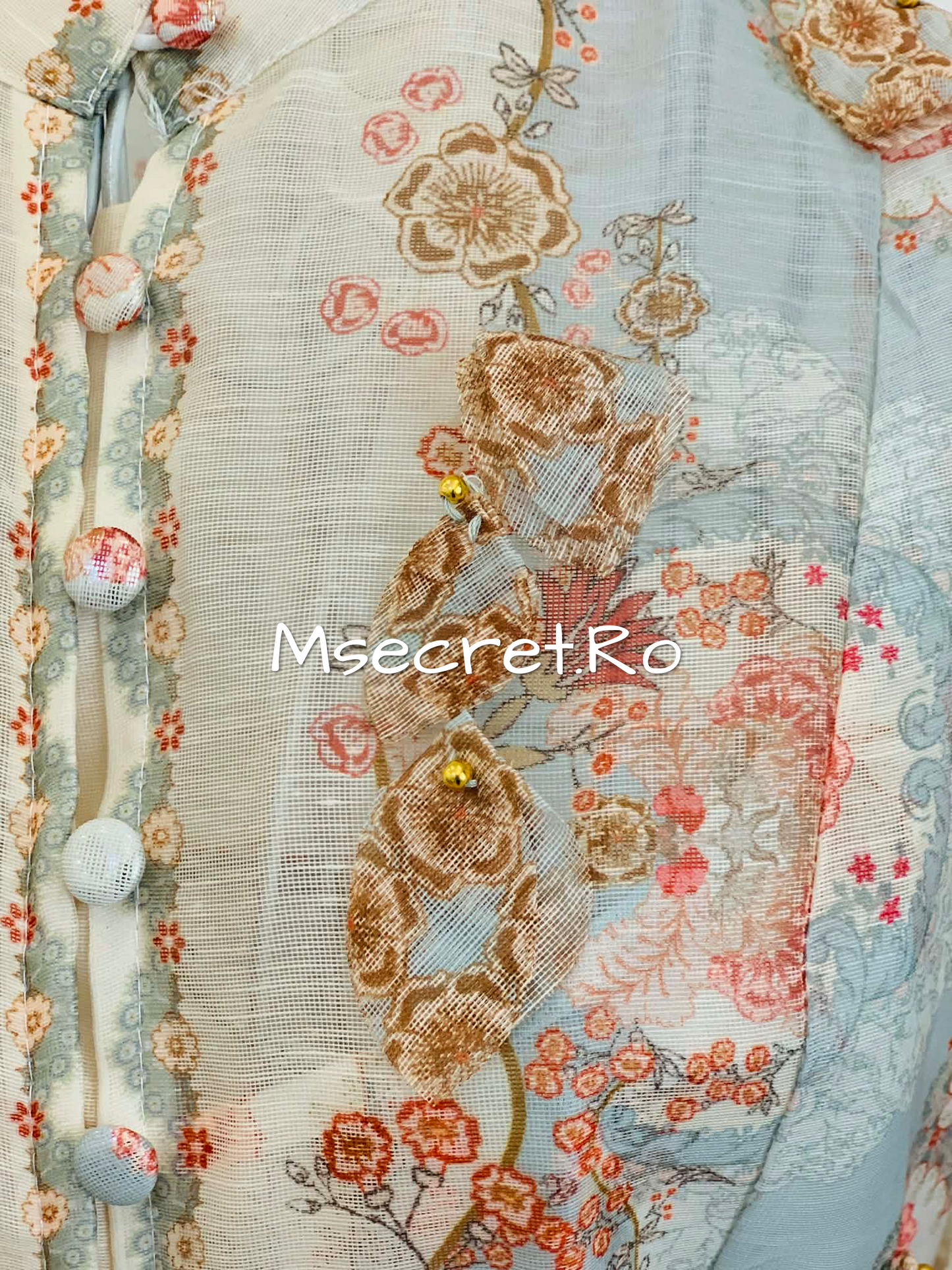 Long linen dress with floral print and appliqués