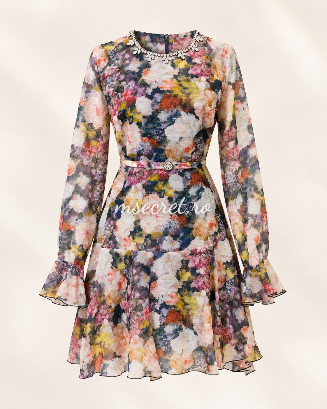Rochie din in cu imprimeu floral si volane