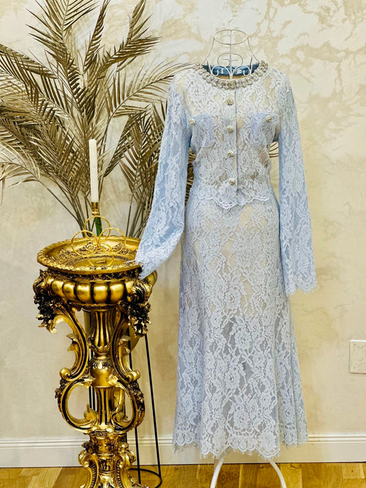 Compleu blue din dantelă cu nasturi bijuterie