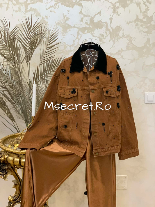 Brown denim jacket with 3D appliques