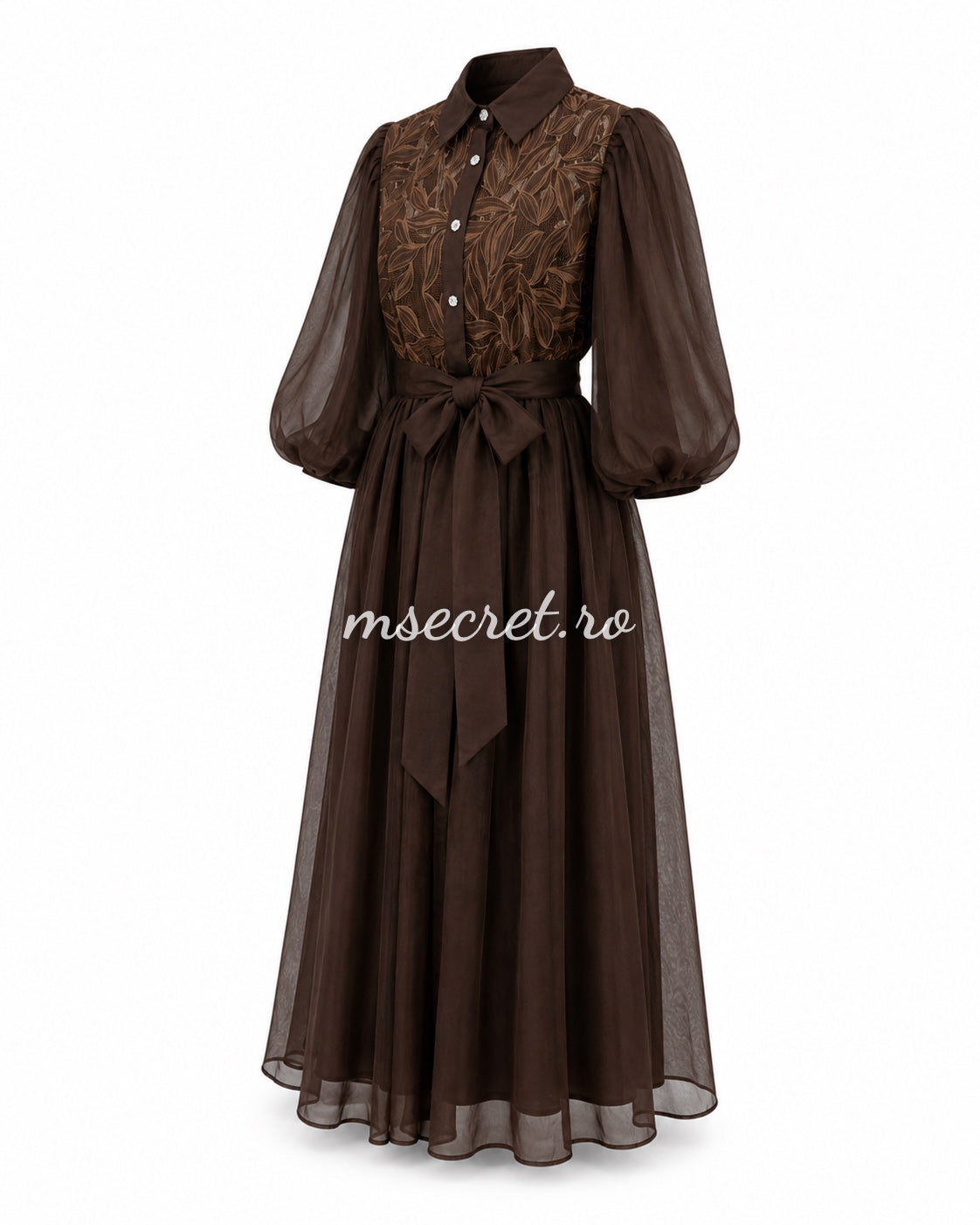 Rochie maro elegantă din voal cu broderie florală și mâneci bufante