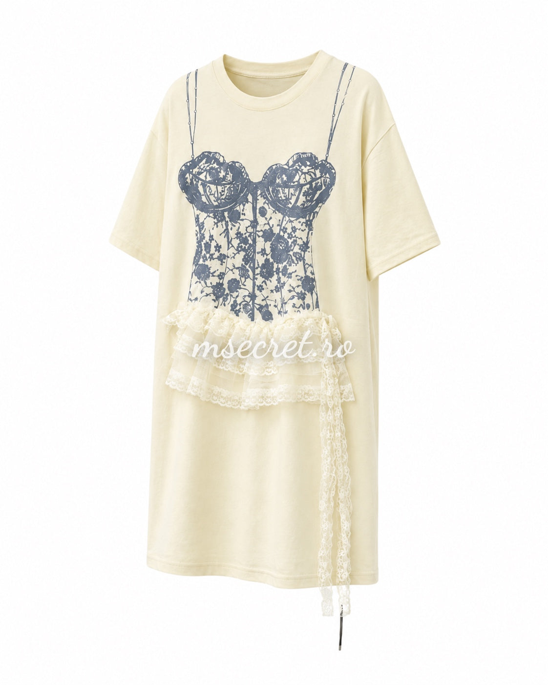 Rochie tip tricou crem cu imprimeu corset si aplicatie din dantela