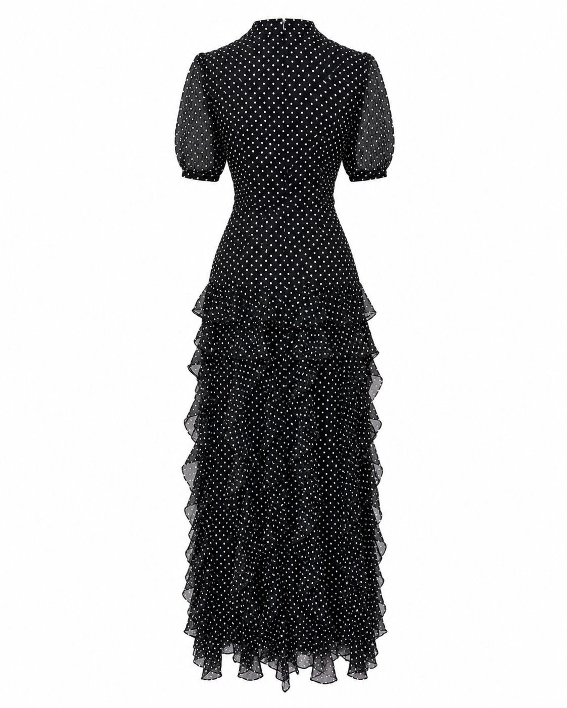 Rochie midi neagra din voal cu buline si volane delicate