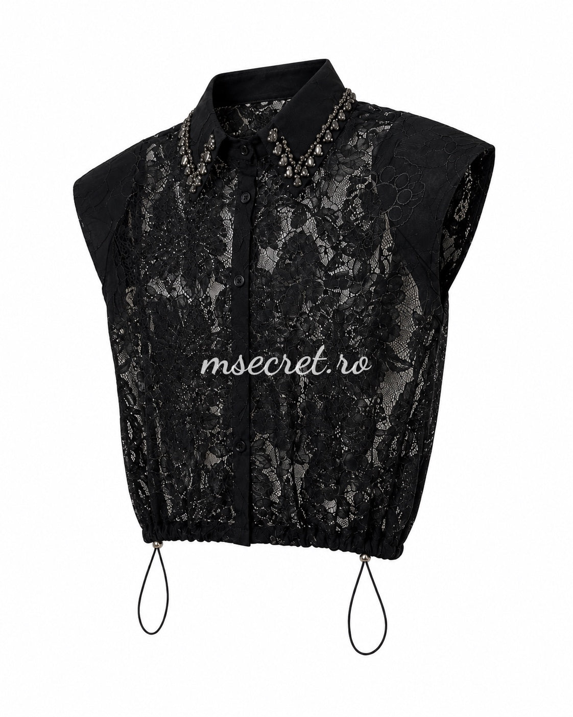 Camasa neagra din dantela cu guler accesorizat cu perle si pietre