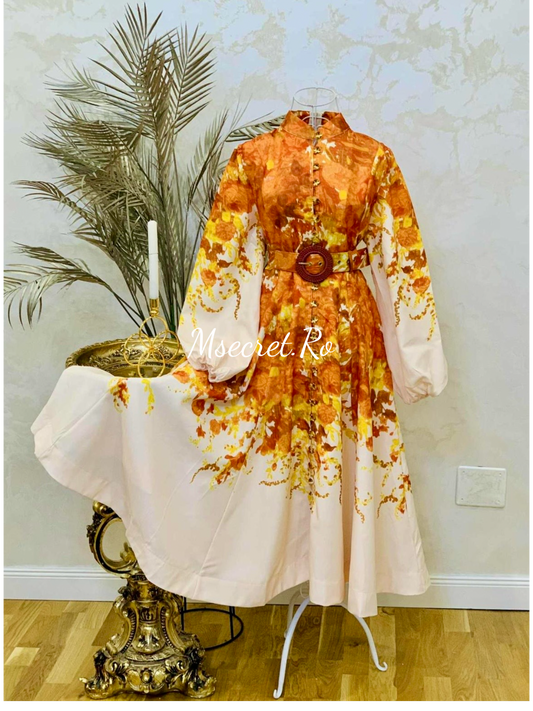 Rochie midi cu maneca lunga, imprimeu floral și nasturi decorativi