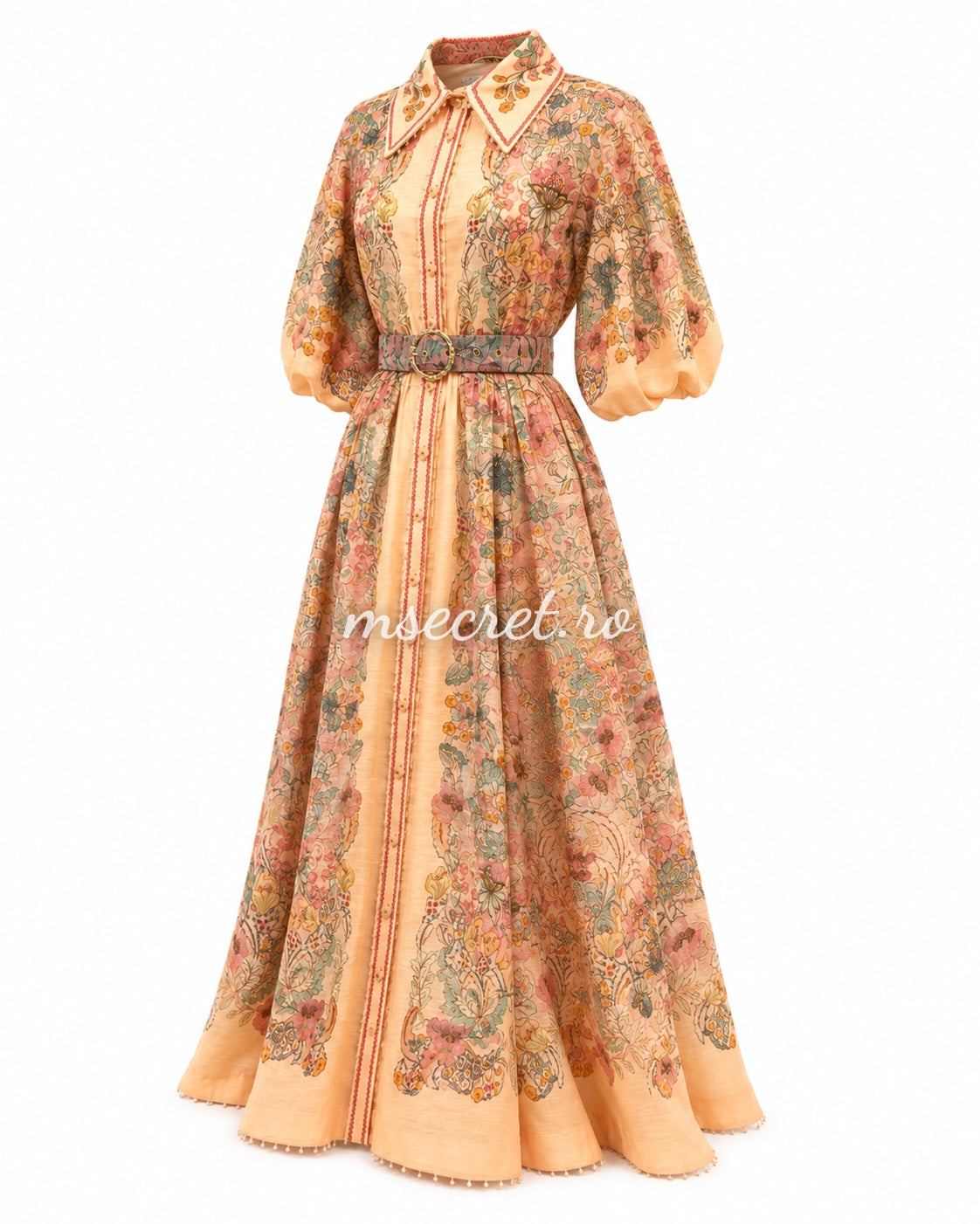 Rochie lunga din in cu imprimeu floral pastel