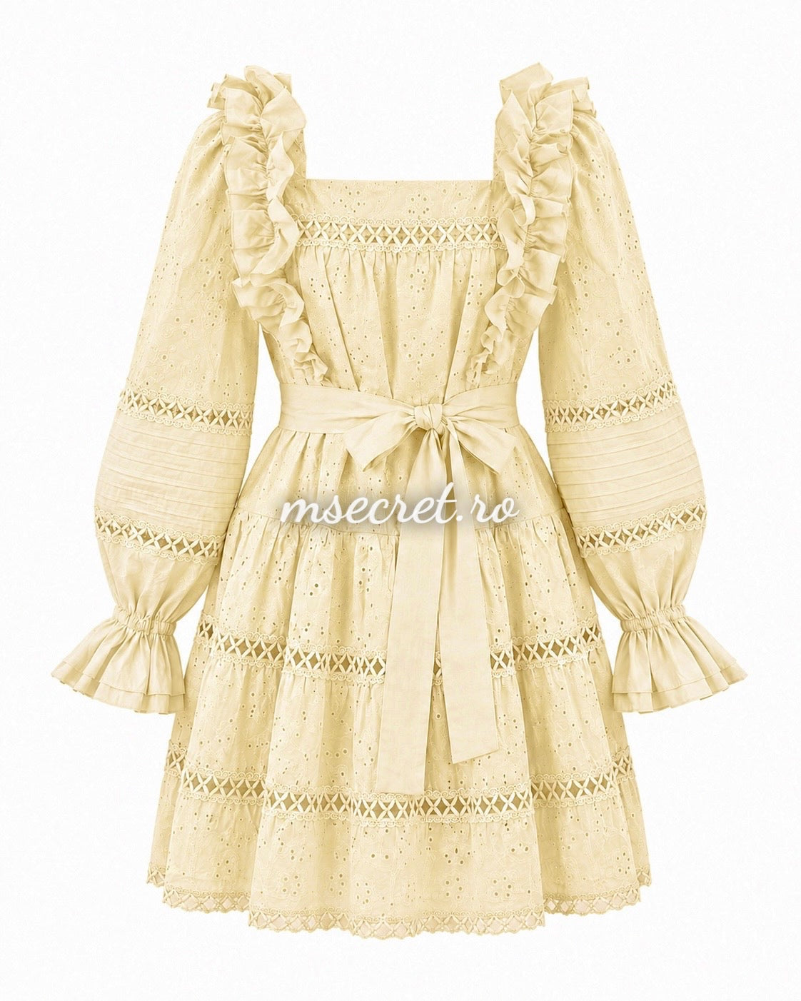 Yellow linen and cotton dress with embroidery and ruffles