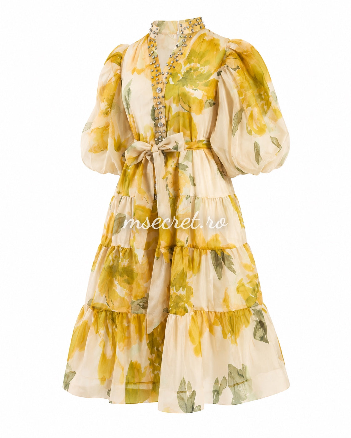 Yellow linen and silk dress with floral print