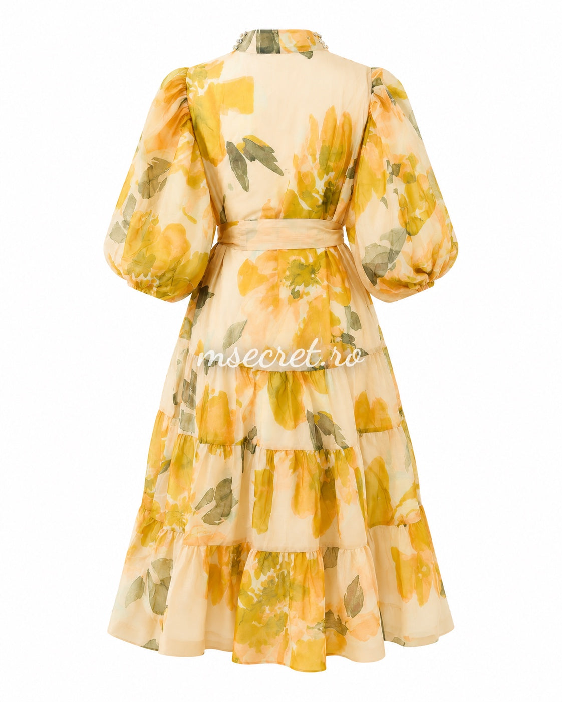 Yellow linen and silk dress with floral print