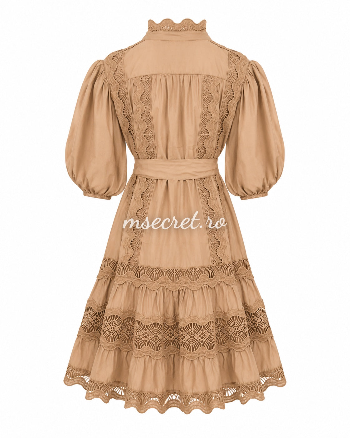 Beige dress with decorative embroidery and puff sleeves