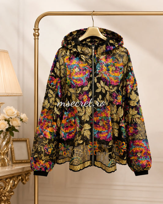 Black lace jacket with multicolored sequins