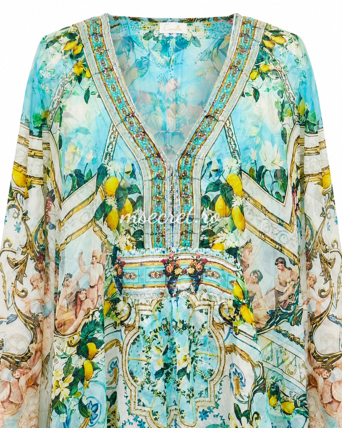 Rochie tip caftan turcoaz cu imprimeu mediteranean