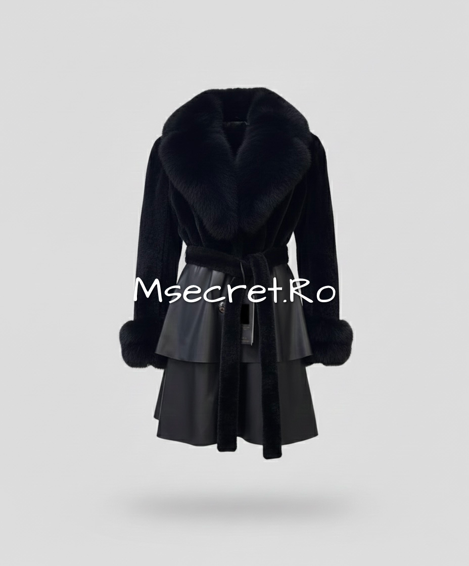 Haina neagra cu guler de blana naturala,  piele, alcantara