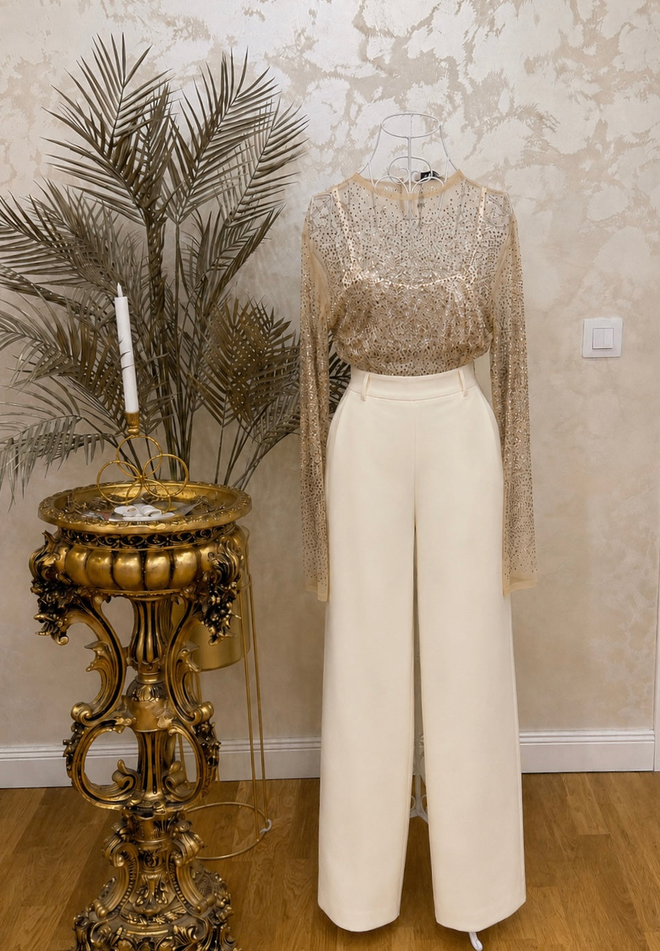 Cream elegant trousers with lace overlay