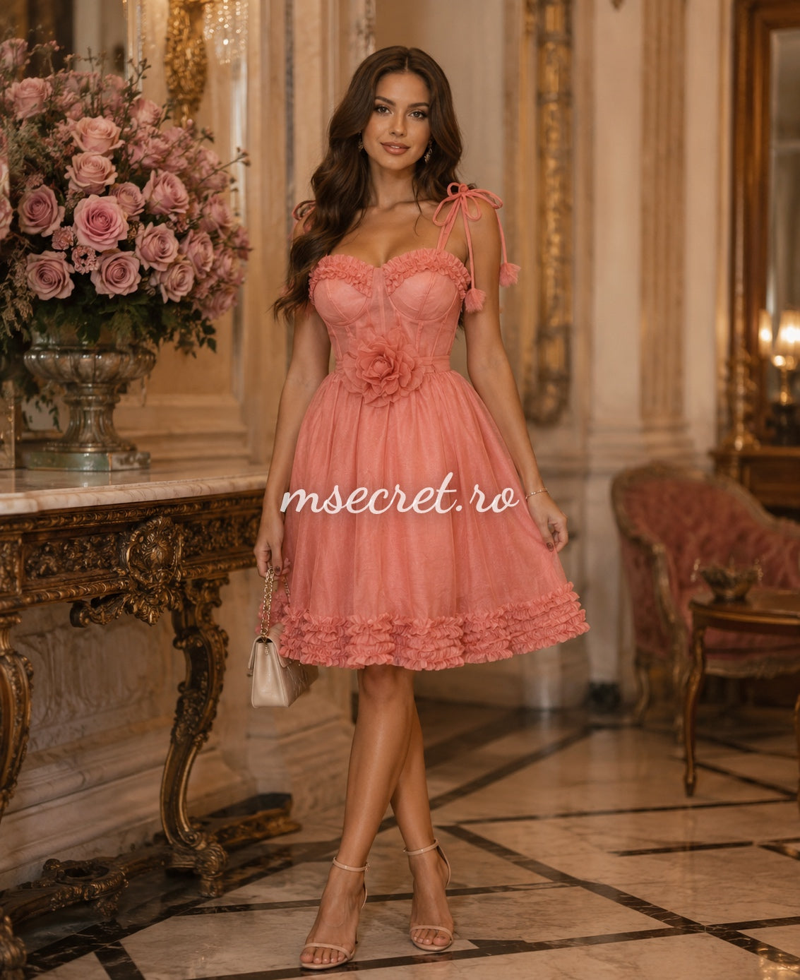 Rochie din in corai cu bretele reglabile