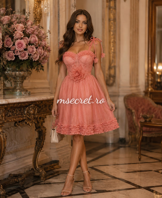 Rochie din in corai cu bretele reglabile