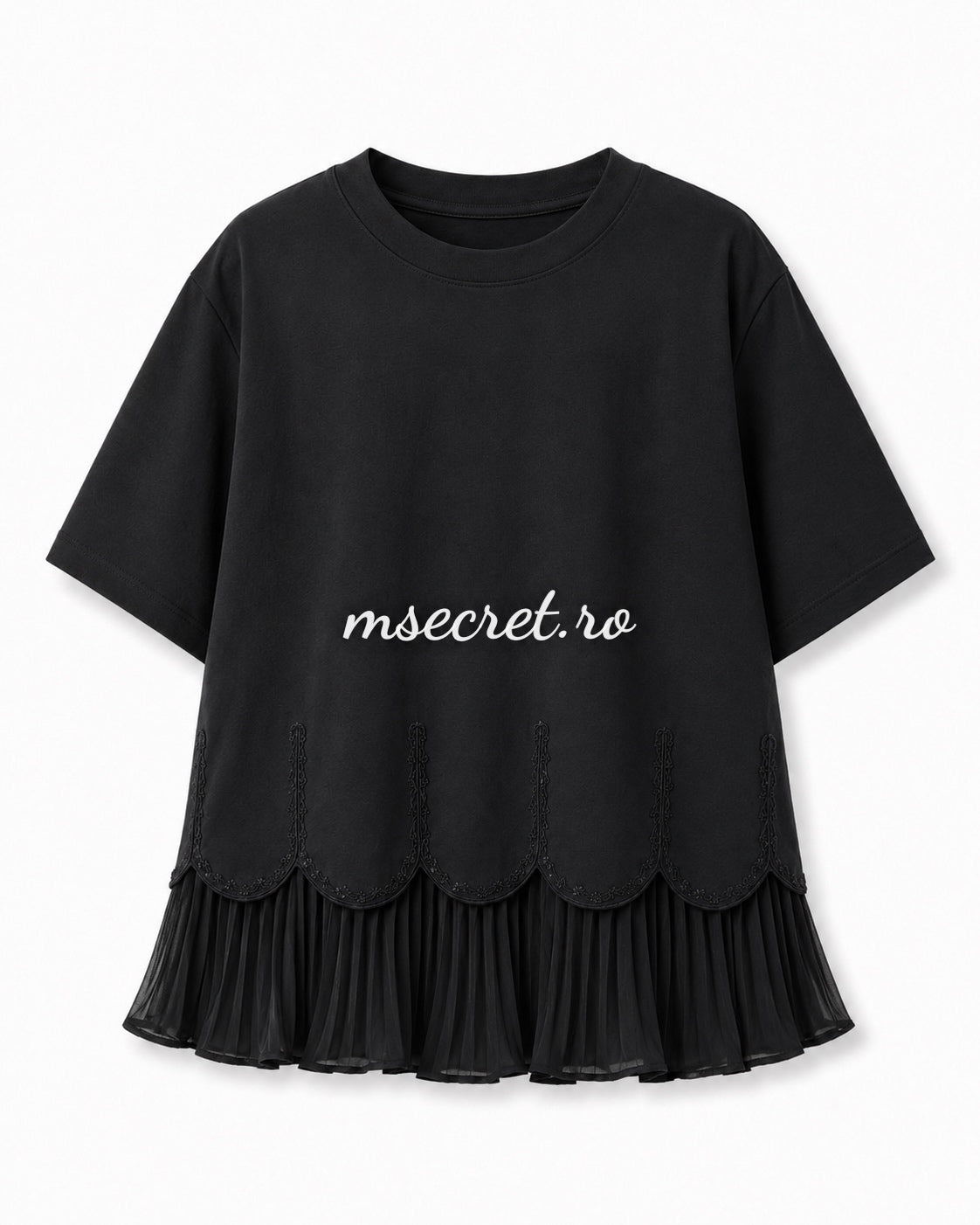 Tricou negru din bumbac cu volan plisat