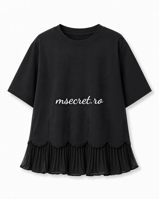 Tricou negru din bumbac cu volan plisat