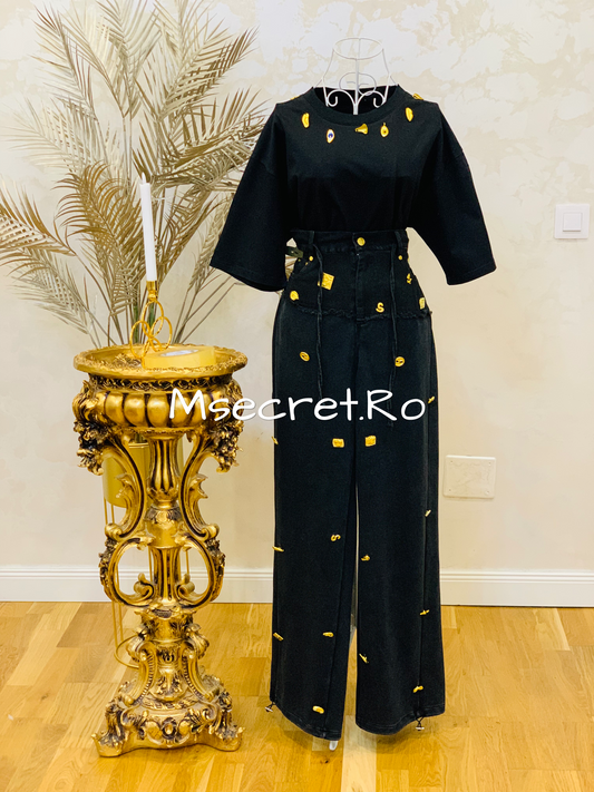 Tricou negru din bumbac cu detalii aurii