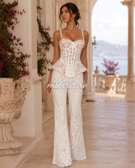 Elegant white lace set with corset and flared trousers