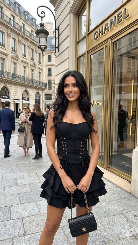 Compleu negru cu bluza tip corset si fusta scurta cu volane